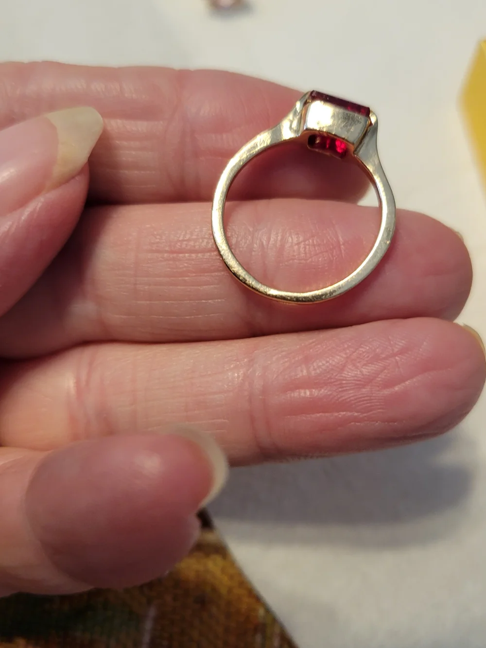 Goldtone  Ring with Red Square Gemstone